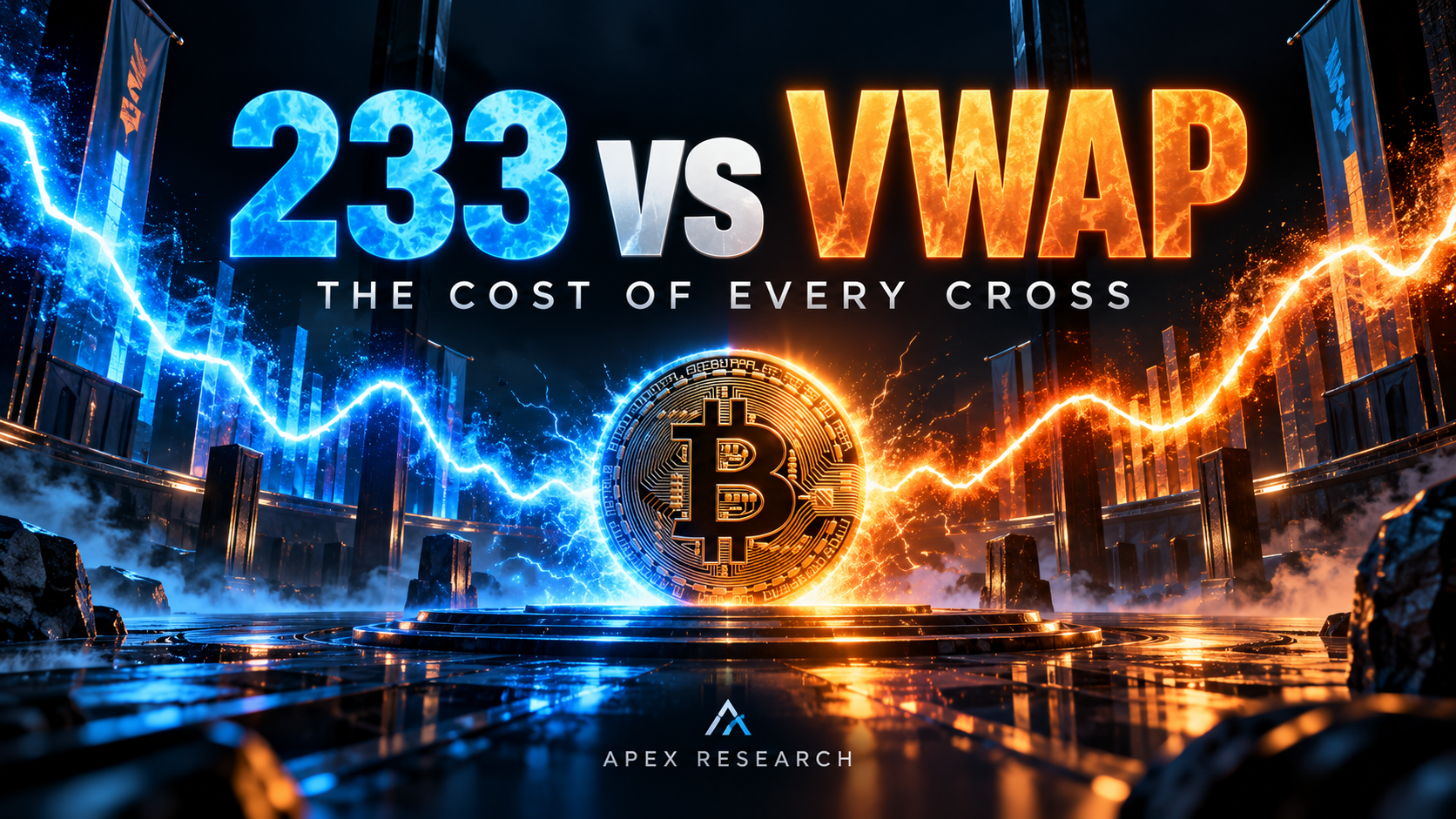 233 vs VWAP: The Cost of Every Cross. Original APEX conceptual illustration, not market data.
