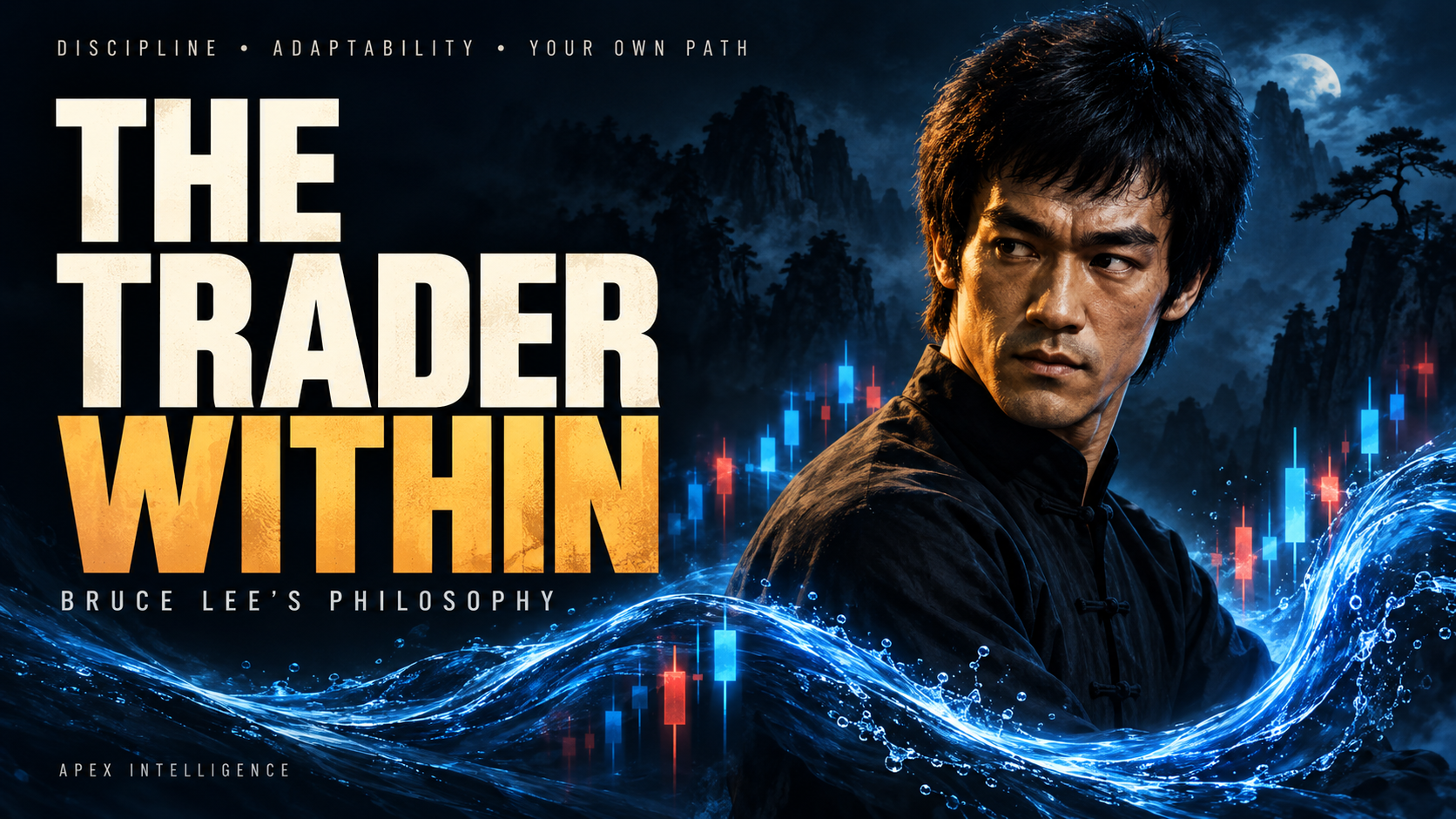 The Trader Within — Bruce Lee, flowing water and a trading chart.